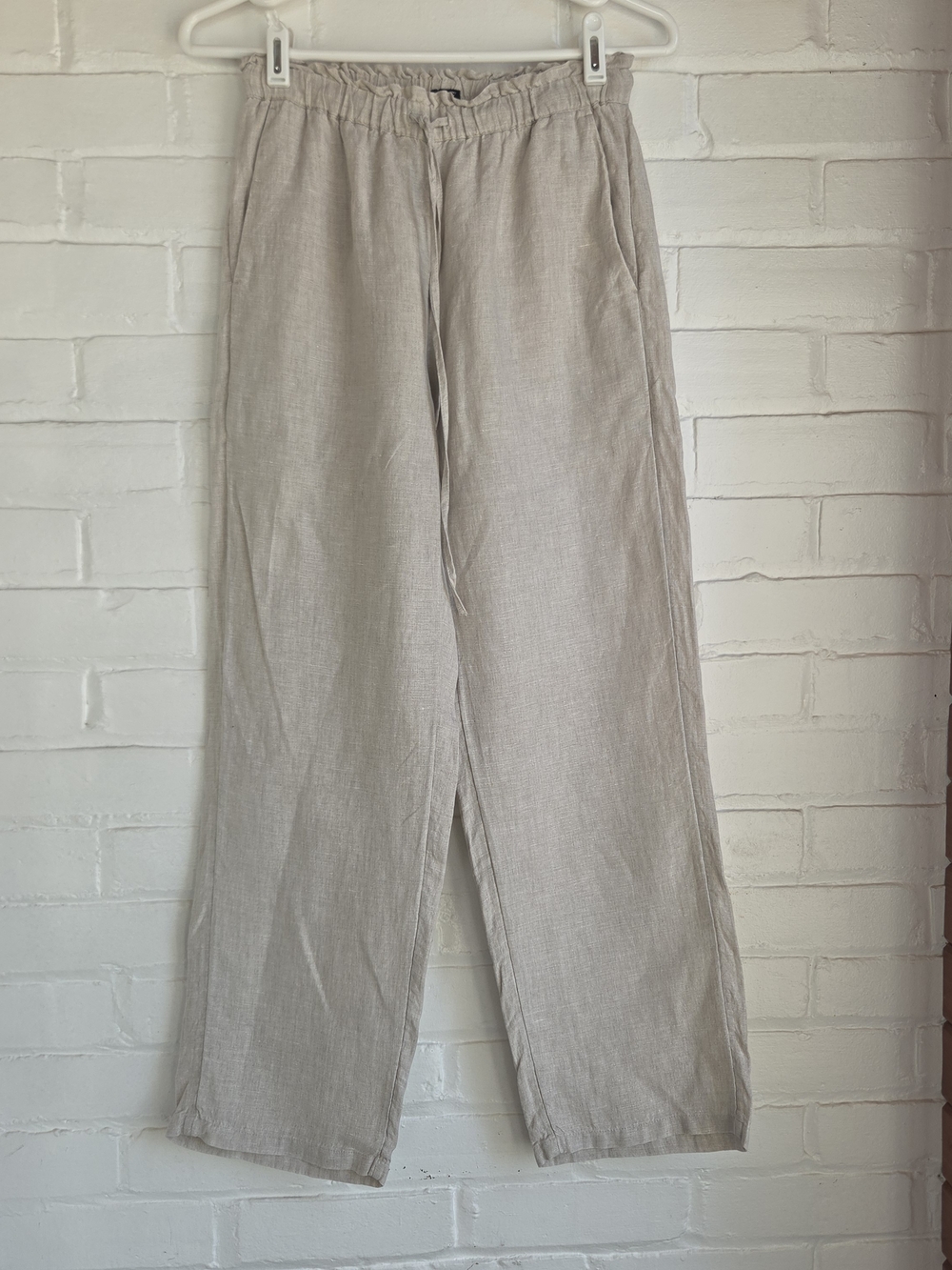 J Crew Womens 100% Linen Pants Beige Drawstring Waist with Elastic Sz XS Petite